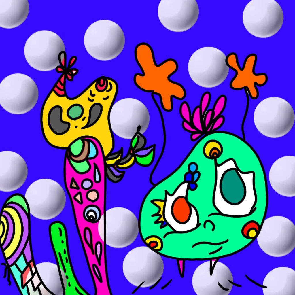 IRORONAが描いた背景に立体の丸があり、手を伸ばす妖精のイラスト